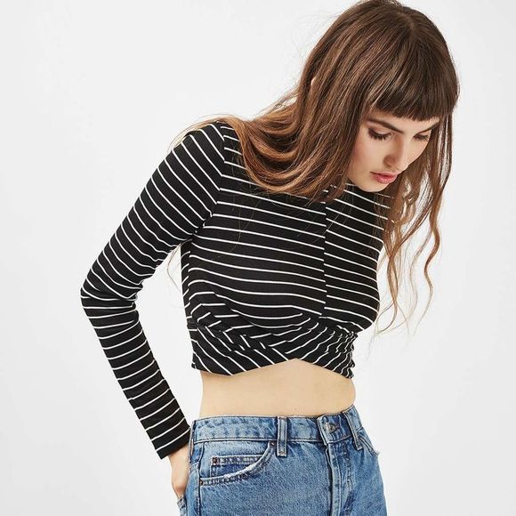 Topshop • Stripe Long Sleeve Twist Front Mock Neck Crop Top - Picture 1 of 12